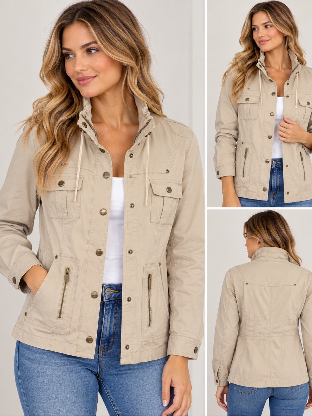 Tribal Beige Utility Anorak Jacket Size 8 Lightweight Cotton Military Safari